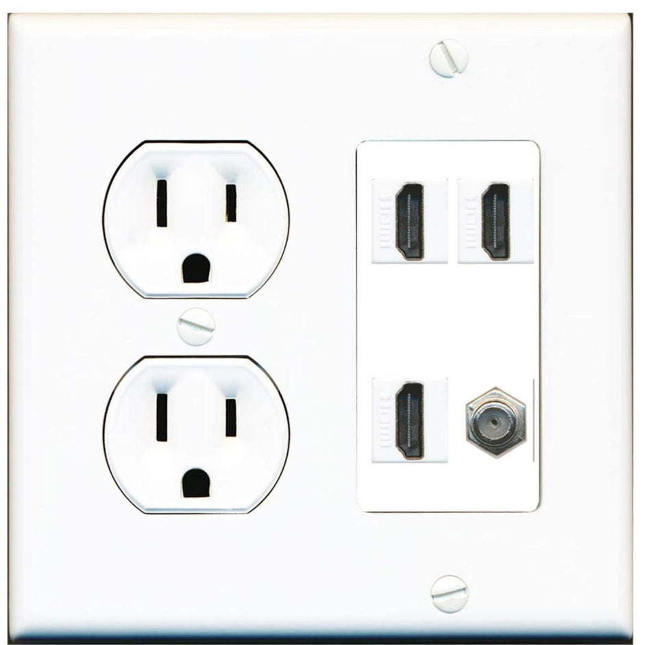 15 Amp Round Power Outlet 3 Port HDMI 1 Coax Cable TV F-Type Wall Plate