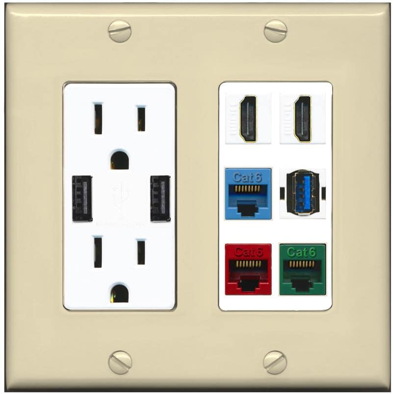 RiteAV 2 HDMI 3 Cat6 Ethernet USB3 Mixed Color Wall Plate - USB Charger [Ivory/White]
