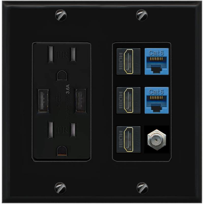 RiteAV 3 HDMI Wall Plate 2 Cat6 1 Coax - USB Charger [Black/Black]