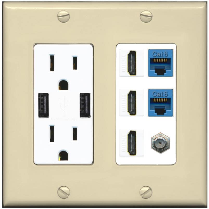 RiteAV 3 HDMI Wall Plate 2 Cat6 1 Coax - USB Charger [Ivory/White]