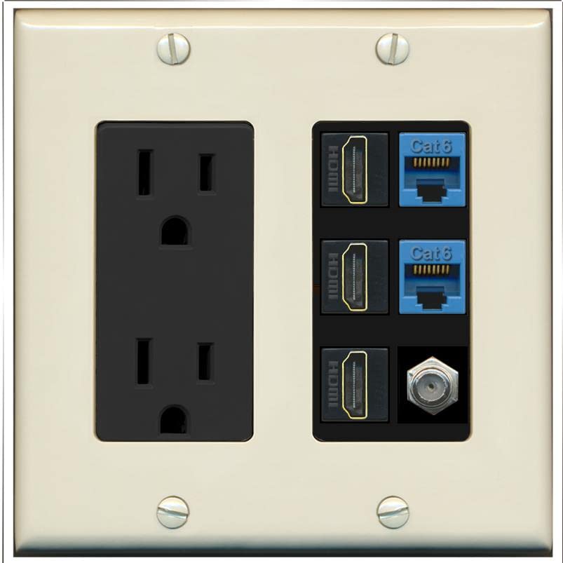 RiteAV 3 HDMI Wall Plate 2 Cat6 1 Coax - Outlet [Light-Almond/Black]