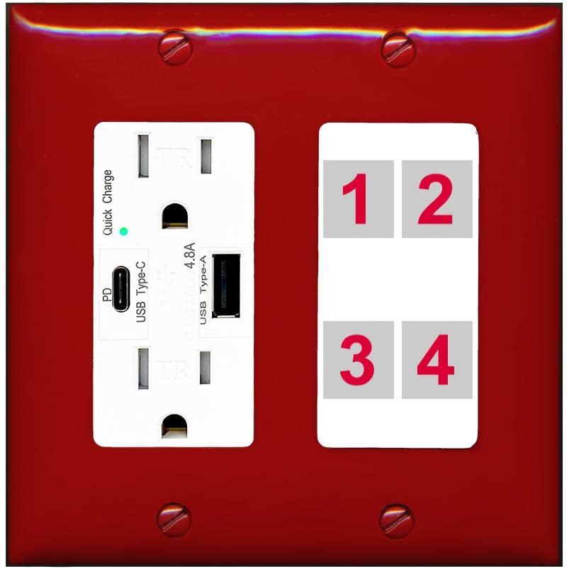 RiteAV Custom 4 Port Custom Wall Plate - USB A+C Charger [Red/White]