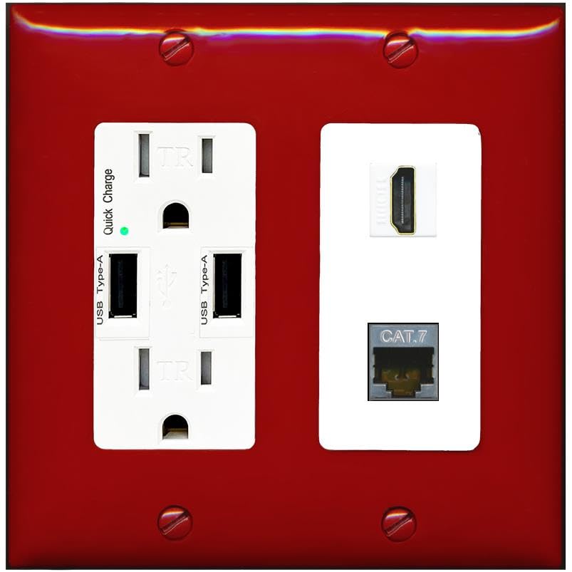 RiteAV HDMI and Cat7 Wall Plate - USB Charger [Red/White]