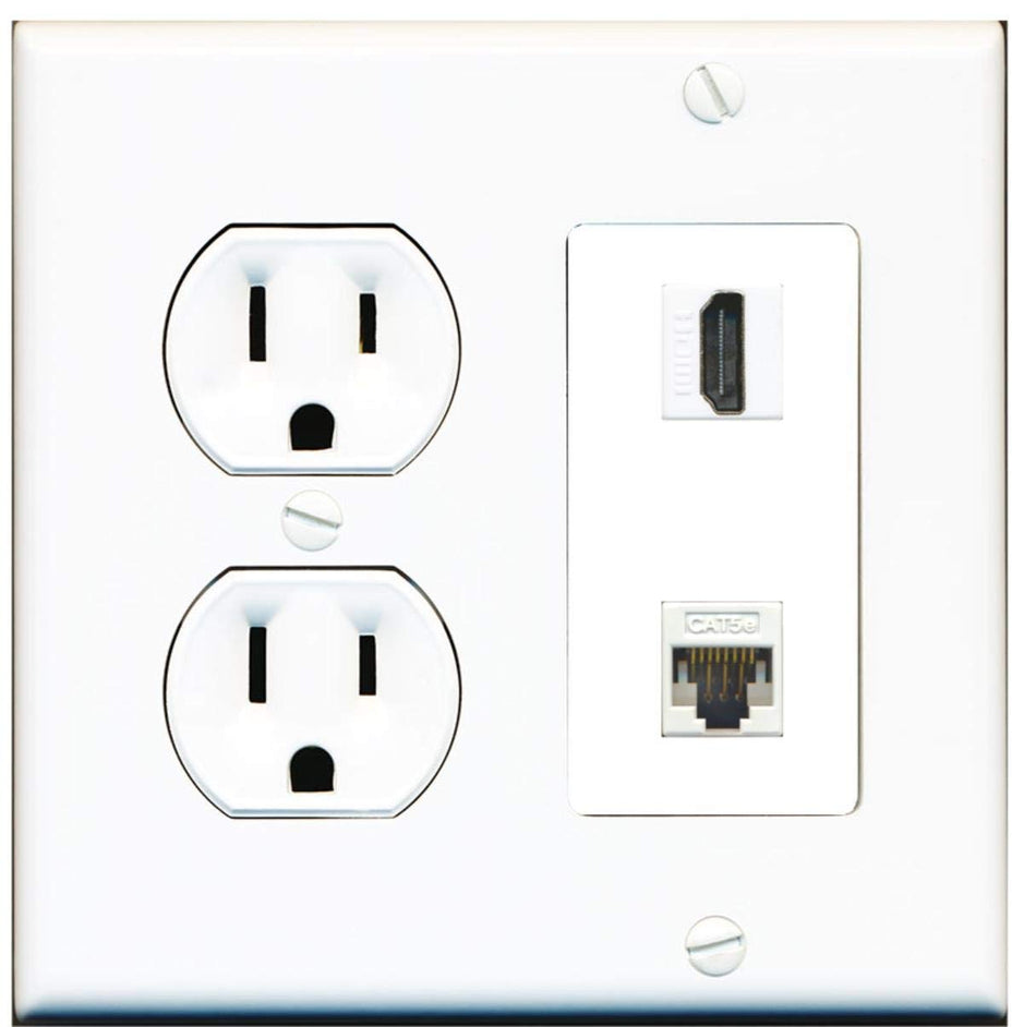 15 Amp Round Power Outlet 1 Port HDMI 1 Cat5e Ethernet Wall Plate White