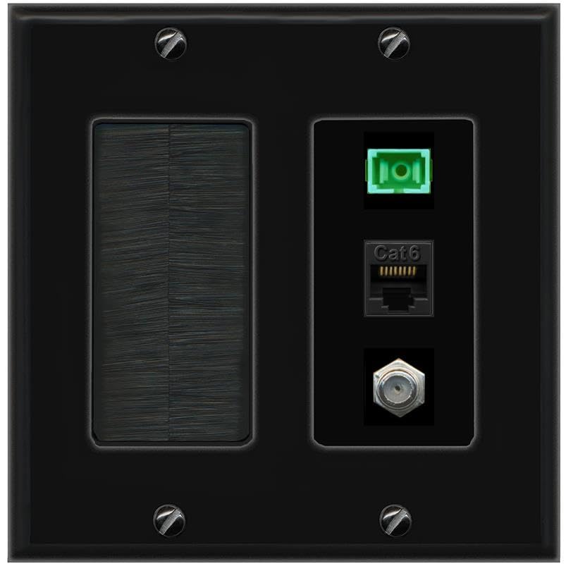 RiteAV 1 Port Fiber Optic Jack SC Simplex APC + Cat6 + Coax Wall Plate-Brush Black/Black