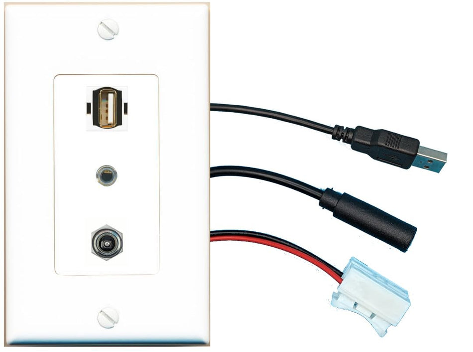 RiteAV DC-POWER 3.5mm USB2 Wall Plate with Pigtail Dongle Extension White