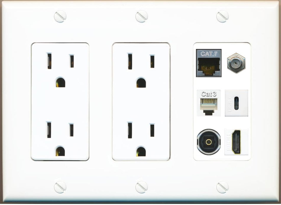 CAT7 COAX HDMI PHONE TOSLINK USBC Wall Plate-2 Outlet White