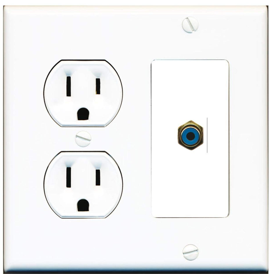 15 Amp Round Power Outlet 1 Port RCA Blue for Subwoofer Wall Plate White