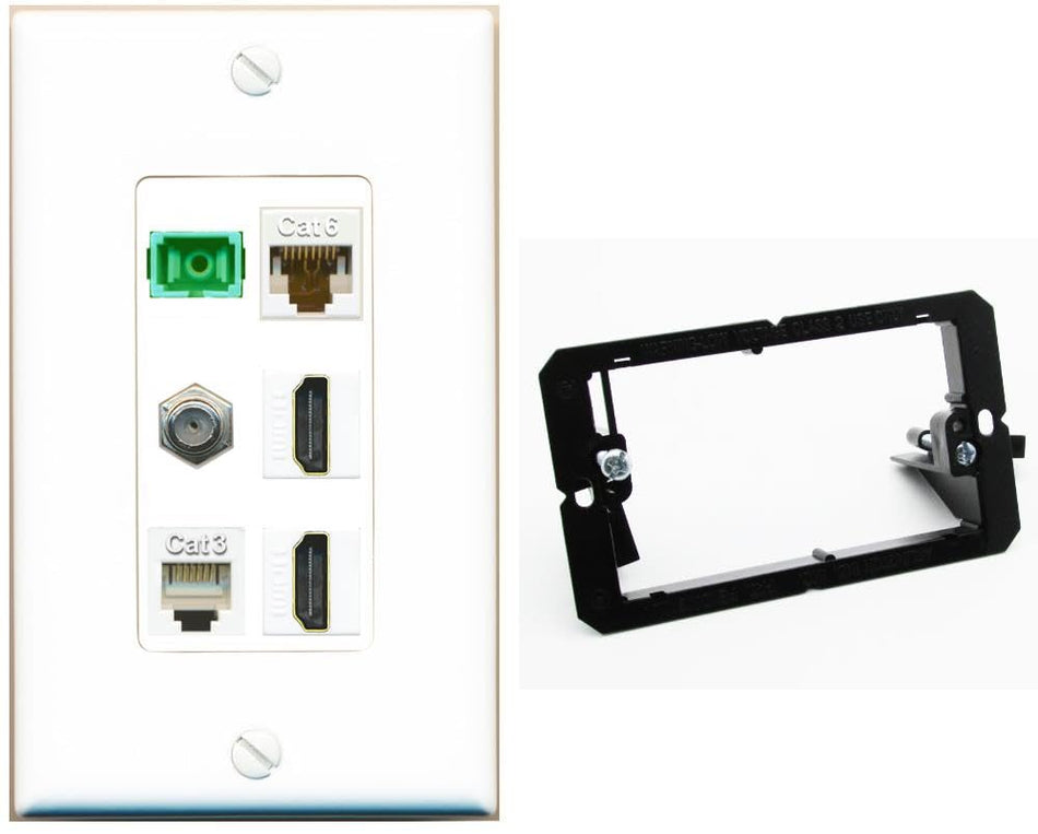 RiteAV 1 Port Fiber Optic Jack SC Simplex APC + Cat6 + Coax + 2 x HDMI + Phone Wall Plate-Bracket White