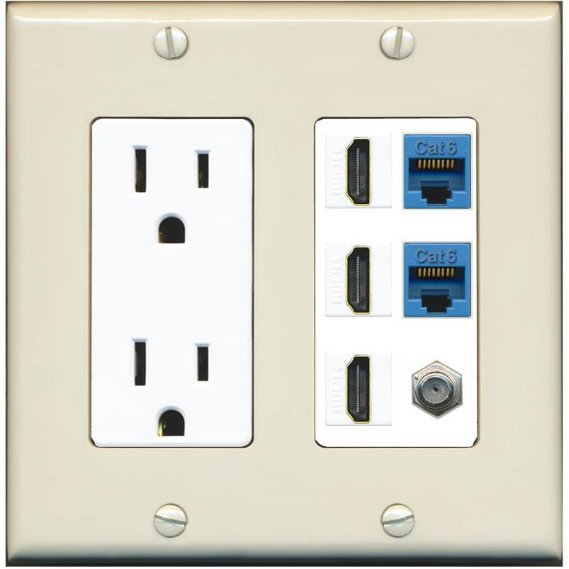 RiteAV 3 HDMI Wall Plate 2 Cat6 1 Coax - Outlet [Light-Almond/White]