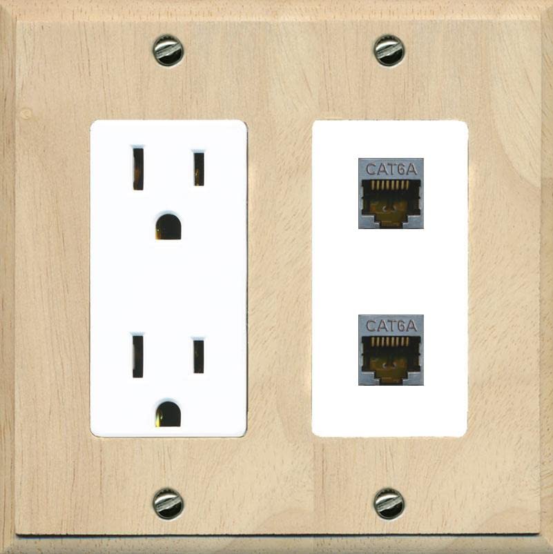 RiteAV 2 Port Cat6A Wall Plate - Outlet [Wood/White]