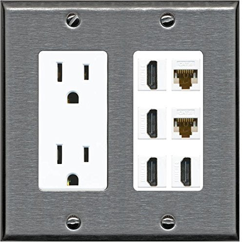 RiteAV - (2 Gang Decorative 15A Outlet 4 HDMI 2 Cat6 Wall Plate Stainless Steel White