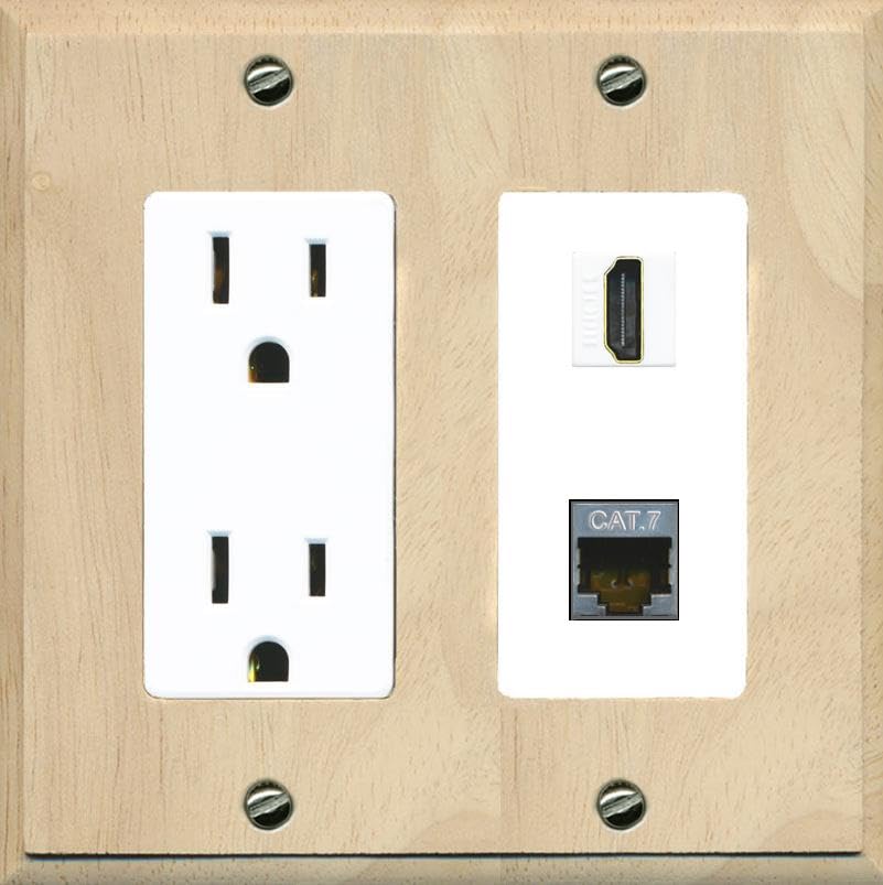 RiteAV HDMI and Cat7 Wall Plate - Outlet [Wood/White]