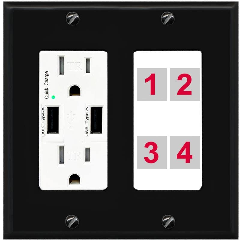 RiteAV Custom 4 Port Custom Wall Plate - USB Charger [Black/White]