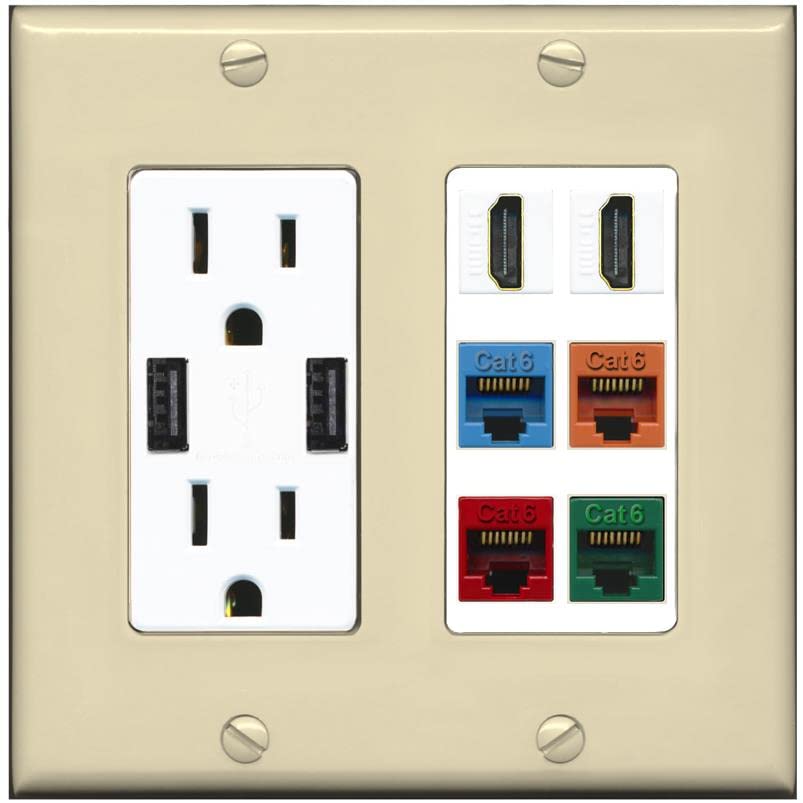 RiteAV 2 HDMI 4 Cat6 Ethernet Mixed Color Wall Plate - USB Charger [Ivory/White]
