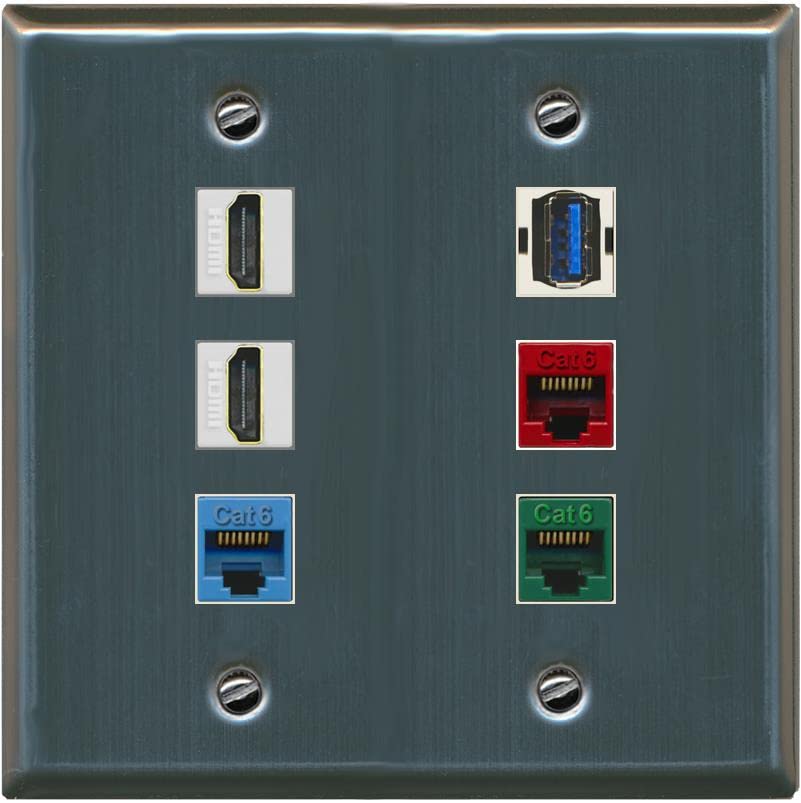 RiteAV 2 HDMI 3 Cat6 Ethernet USB3 Mixed Color Wall Plate - Flat 2 Gang [Stainless Steel]