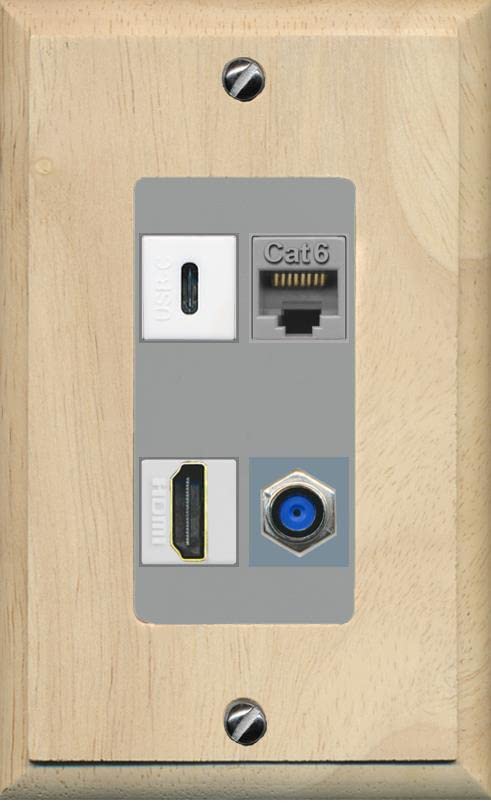 RiteAV USBC HDMI Cat6 Coax F81 Wall Plate - 1 Gang [Wood/Gray]