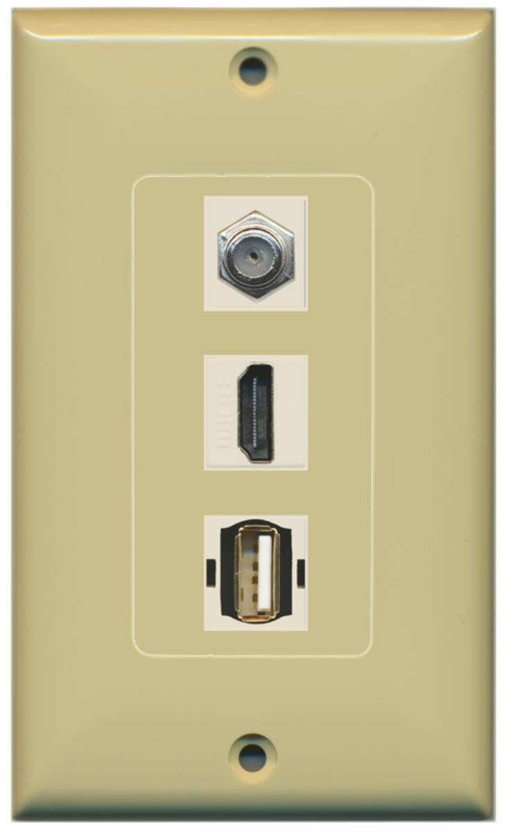 RiteAV - 1 Port HDMI and 1 Port Coax Cable TV- F-Type and 1 Port USB A-A Decorative Wall Plate - Ivory