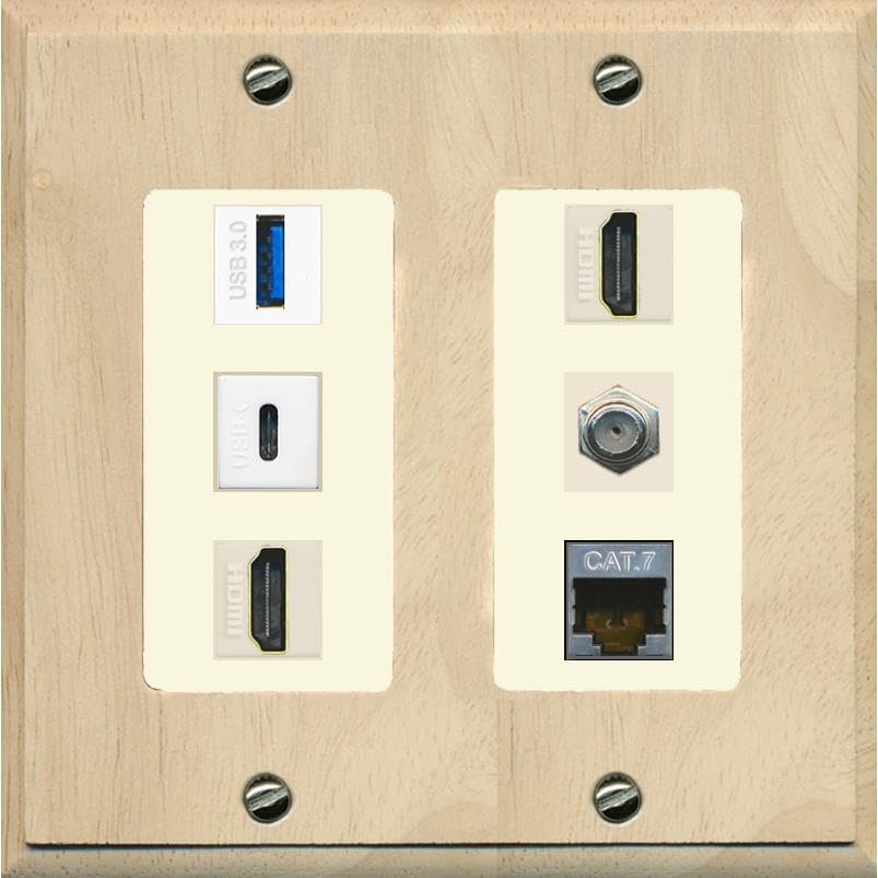 RiteAV USB 3 USB C 2 HDMI Coax Cat7 Wall Plate - 2 Gang [Wood/Light-Almond]