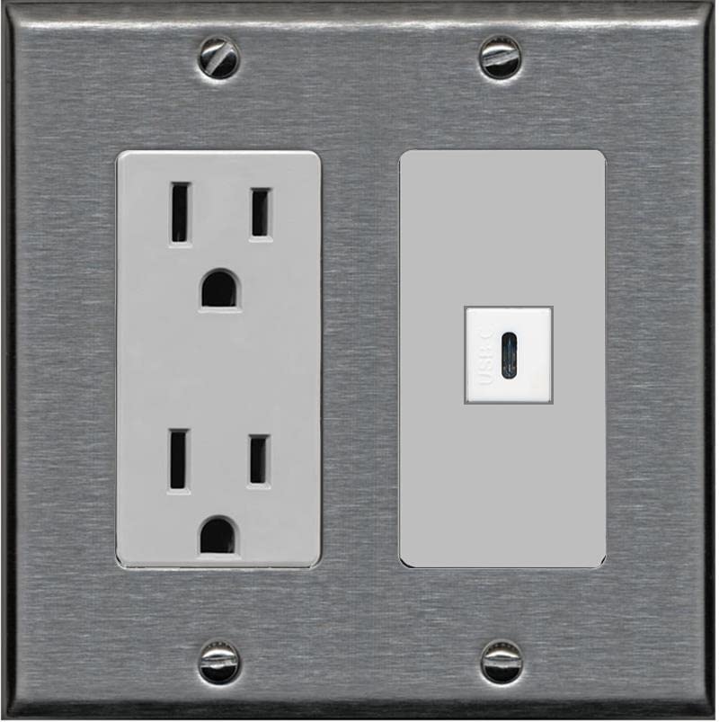 RiteAV USBC Wall Plate - Outlet [Stainless/Gray]