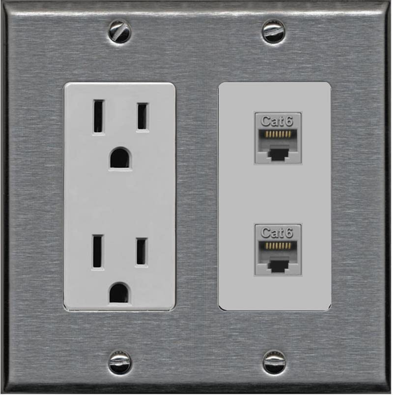 RiteAV 2 Port Cat6 Ethernet Wall Plate - Outlet [Stainless/Gray]