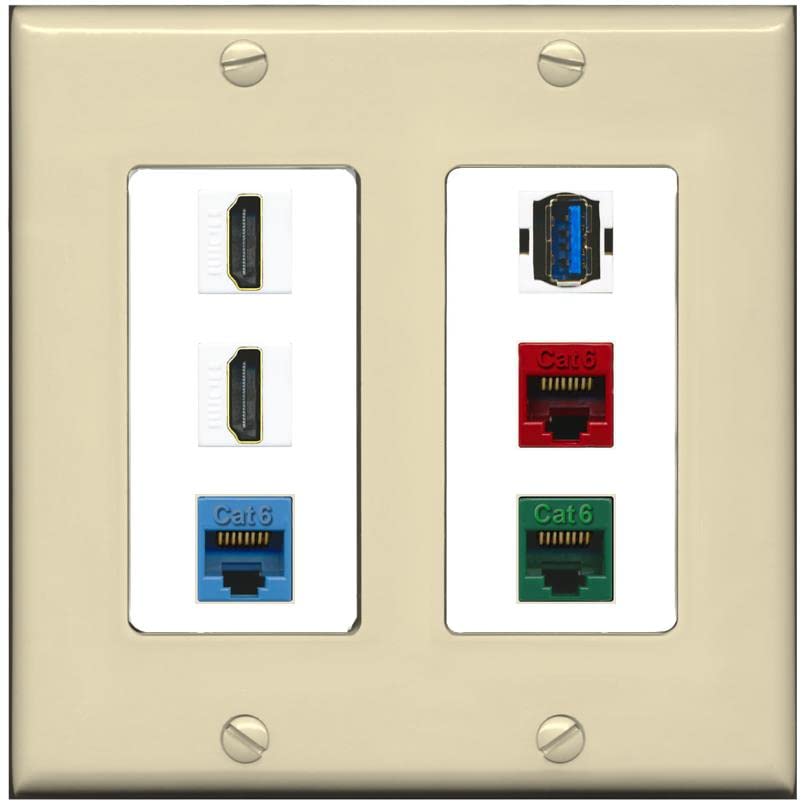 RiteAV 2 HDMI 3 Cat6 Ethernet USB3 Mixed Color Wall Plate - 2 Gang [Ivory/White]