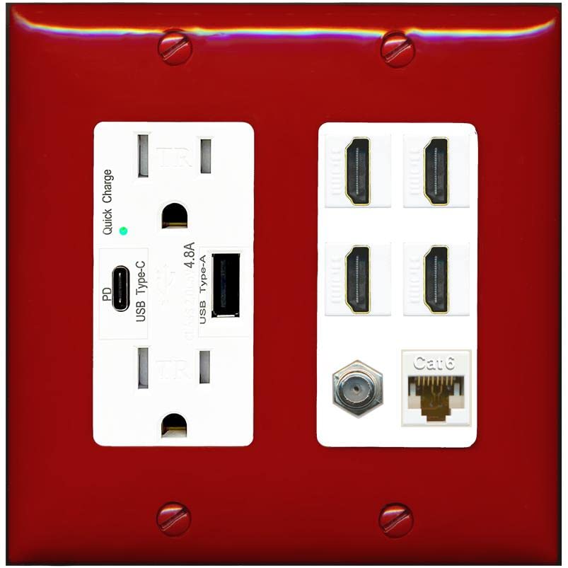 RiteAV - 4 Port HDMI 1 Coax Cable TV- F-Type 1 Cat6 Ethernet Wall Plate - (USB A+C Outlet-Red/White)