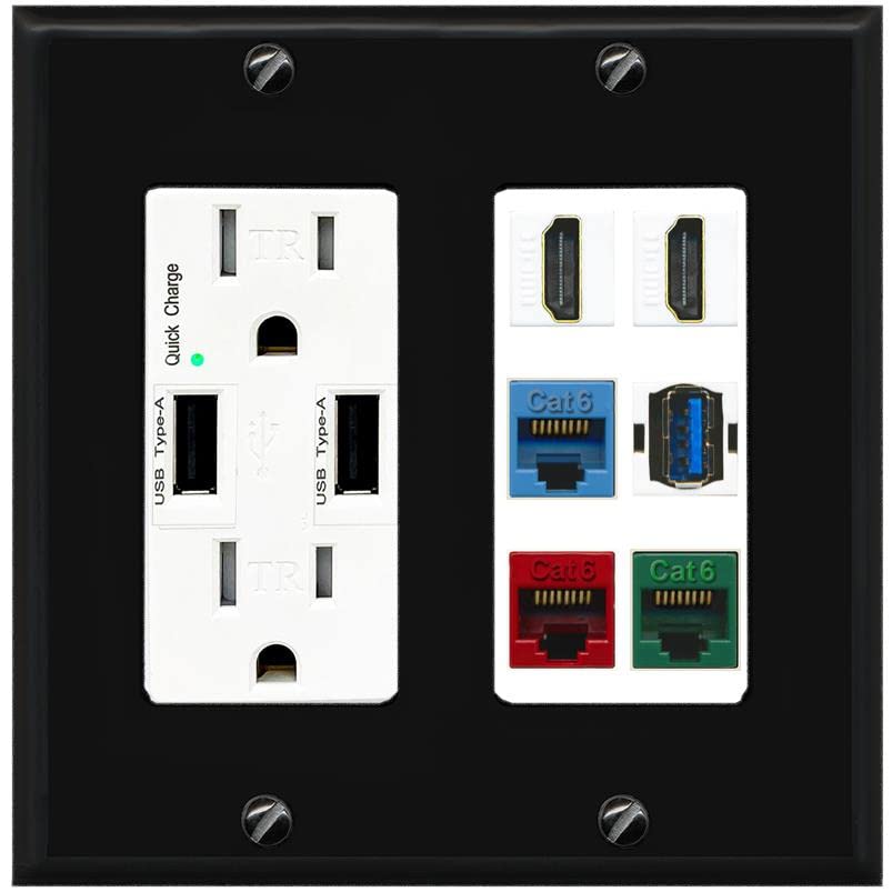 RiteAV 2 HDMI 3 Cat6 Ethernet USB3 Mixed Color Wall Plate - USB Charger [Black/White]