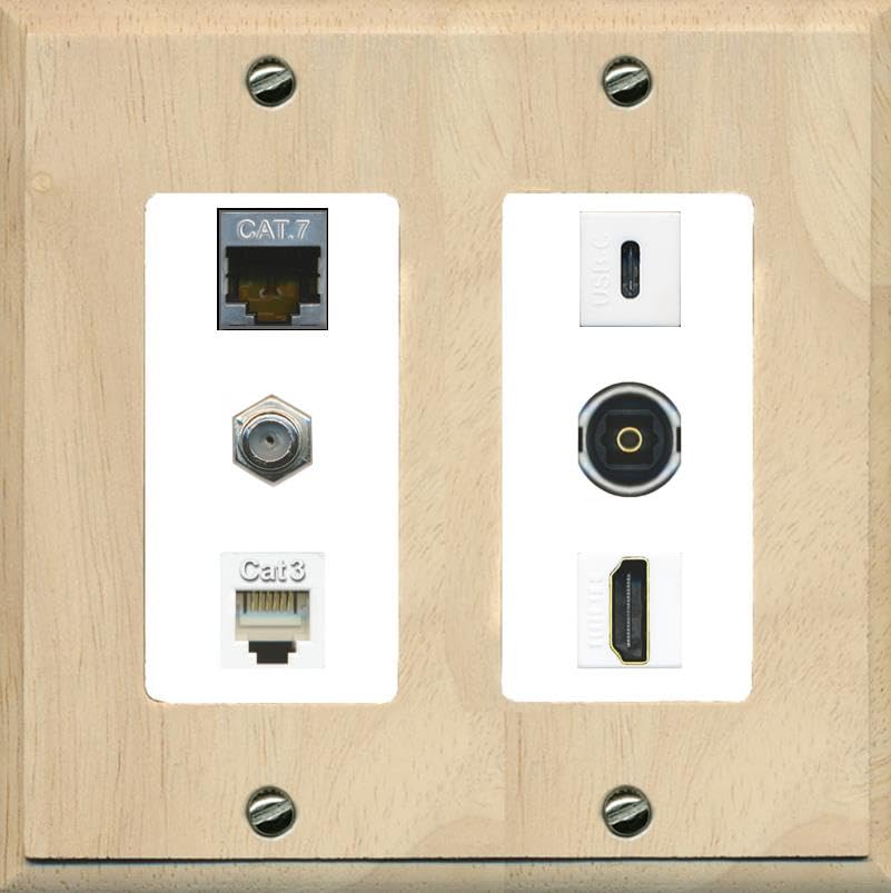 CAT7 Coax HDMI Phone TOSLINK USBC Wall Plate-2 Gang Wood/White