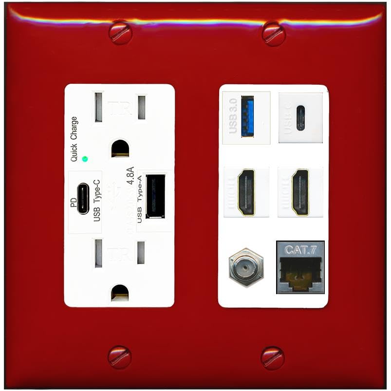 RiteAV USB 3 USB C 2 HDMI Coax Cat7 Wall Plate - USB A+C Charger [Red/White]