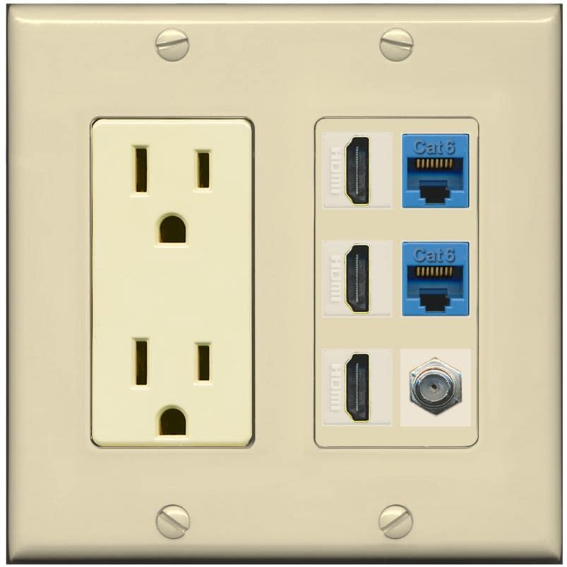 RiteAV 3 HDMI Wall Plate 2 Cat6 1 Coax - Outlet [Ivory/Ivory]