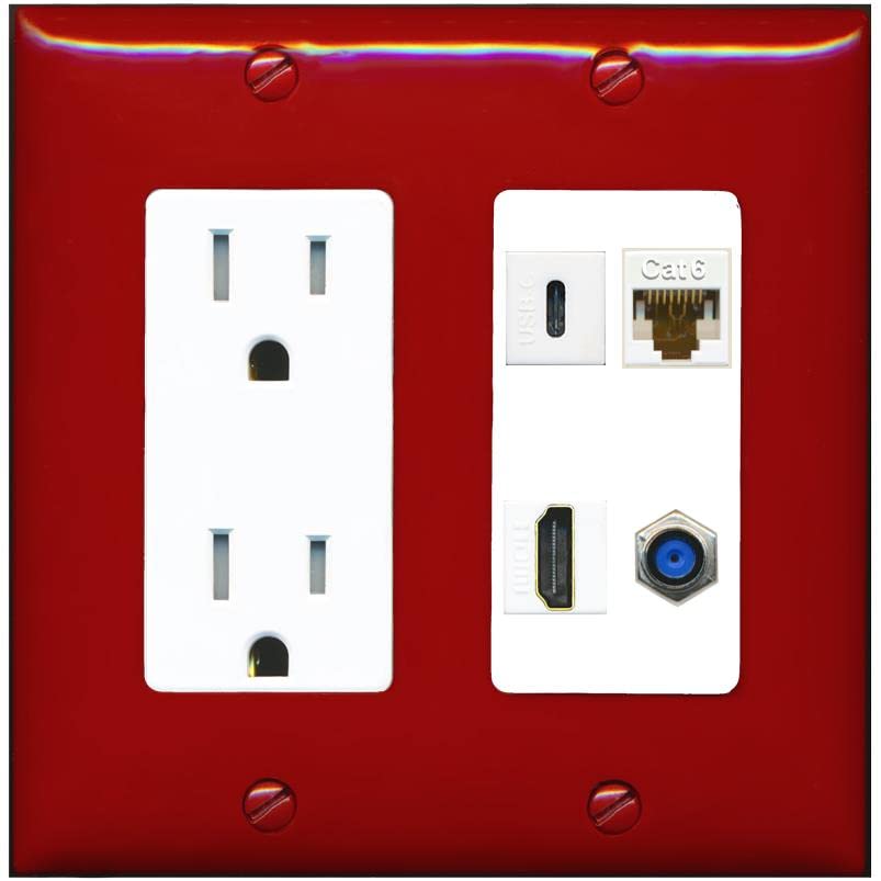 RiteAV USBC HDMI Cat6 Coax F81 Wall Plate - Tamper-Resistant [Red/White]