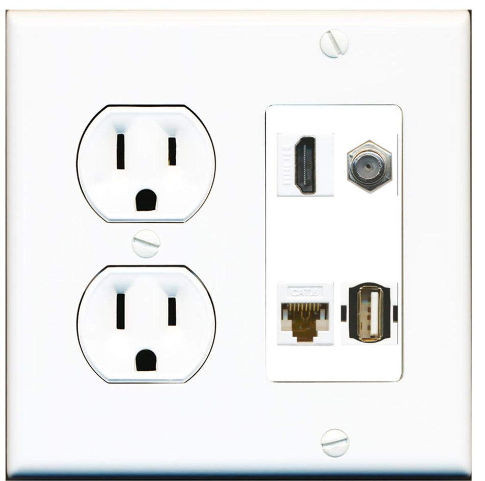 15 Amp Round Power Outlet HDMI Coax Cat6 USB A-A Wall Plate White