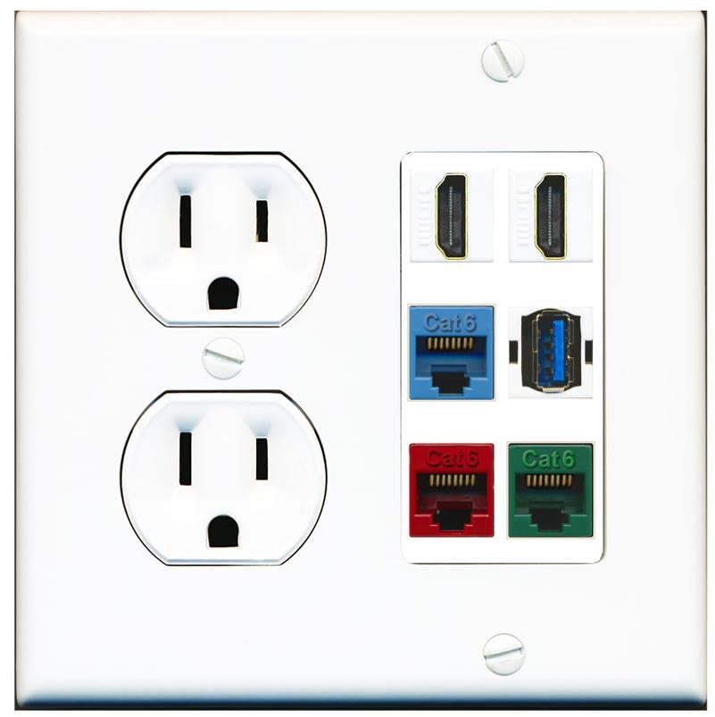 RiteAV 2 HDMI 3 Cat6 Ethernet USB3 Mixed Color Wall Plate - Round Outlet [White/White]