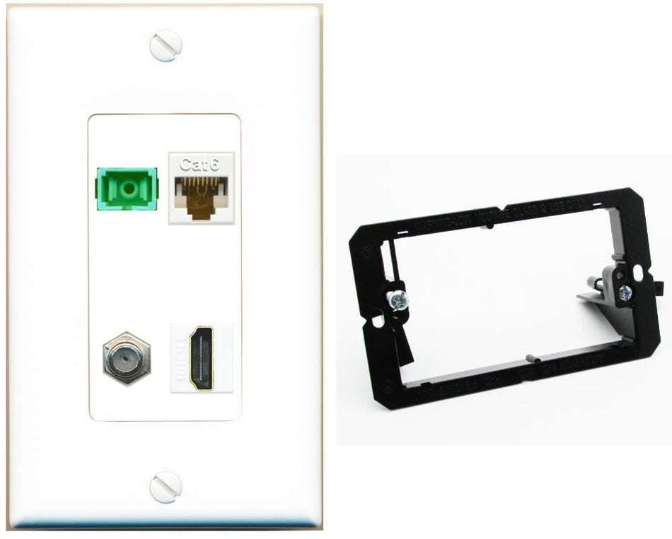 RiteAV 1 Port Fiber Optic Jack SC Simplex APC + Cat6 + Coax + HDMI Wall Plate-Bracket White