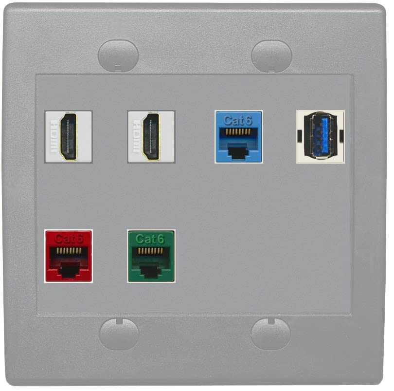 RiteAV 2 HDMI 3 Cat6 Ethernet USB3 Mixed Color Wall Plate - Flat 2 Gang [Gray/Gray]