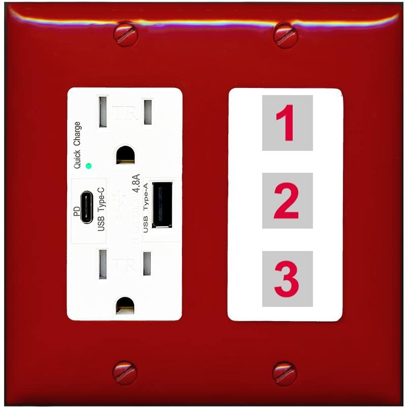 RiteAV Custom Wall Plate 3 Port - USB A+C Charger [Red/White]