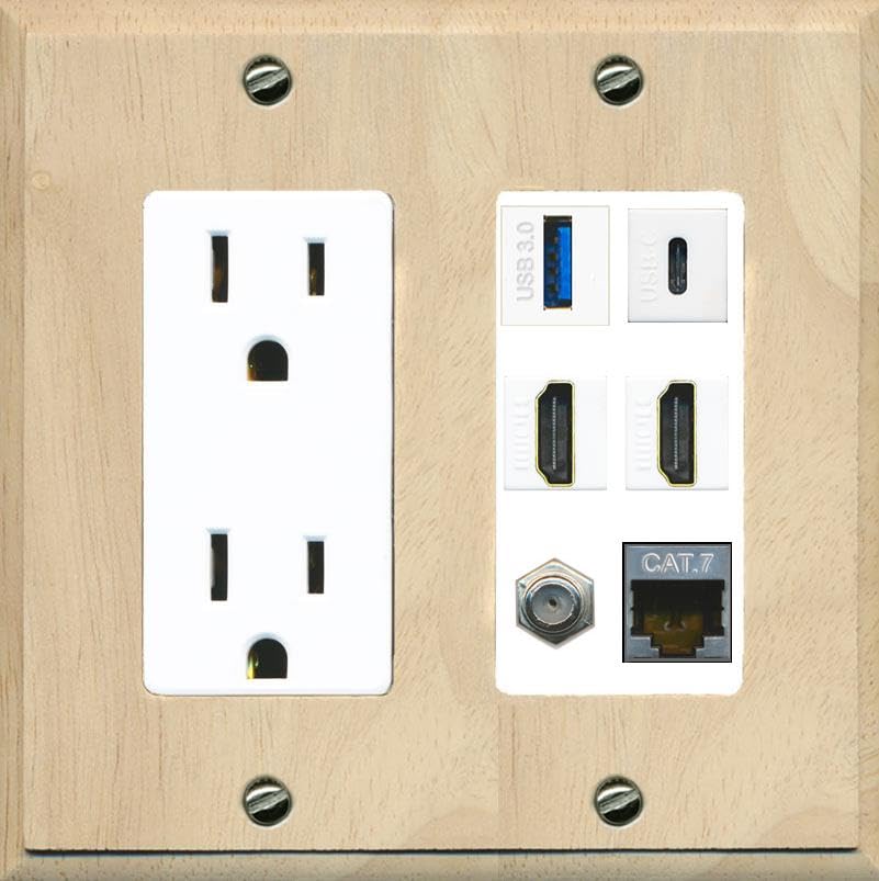 RiteAV USB 3 USB C 2 HDMI Coax Cat7 Wall Plate - Outlet [Wood/White]