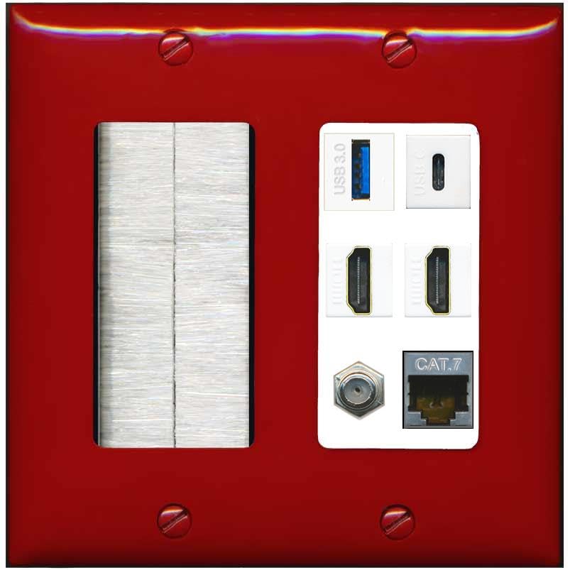 RiteAV USB 3 USB C 2 HDMI Coax Cat7 Wall Plate - Brush [Red/White]