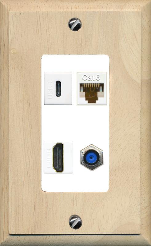 RiteAV USBC HDMI Cat6 Coax F81 Wall Plate - 1 Gang [Wood/White]