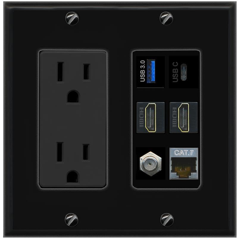 RiteAV USB 3 USB C 2 HDMI Coax Cat7 Wall Plate - Outlet [Black/Black]