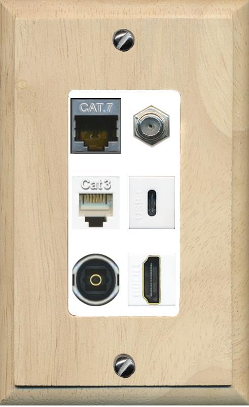 CAT7 COAX HDMI PHONE TOSLINK USBC Wall Plate-1 Gang Wood/White