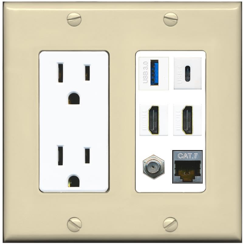 RiteAV USB 3 USB C 2 HDMI Coax Cat7 Wall Plate - Outlet [Ivory/White]