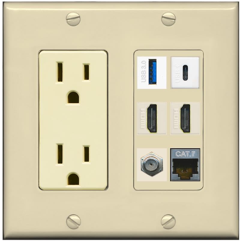 RiteAV USB 3 USB C 2 HDMI Coax Cat7 Wall Plate - Outlet [Ivory/Ivory]