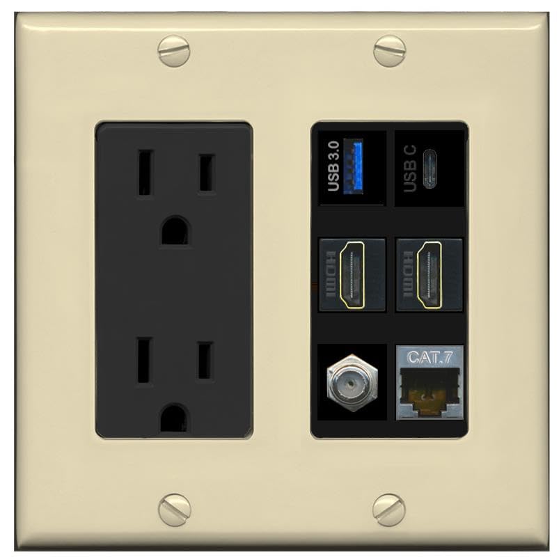 RiteAV USB 3 USB C 2 HDMI Coax Cat7 Wall Plate - Outlet [Ivory/Black]