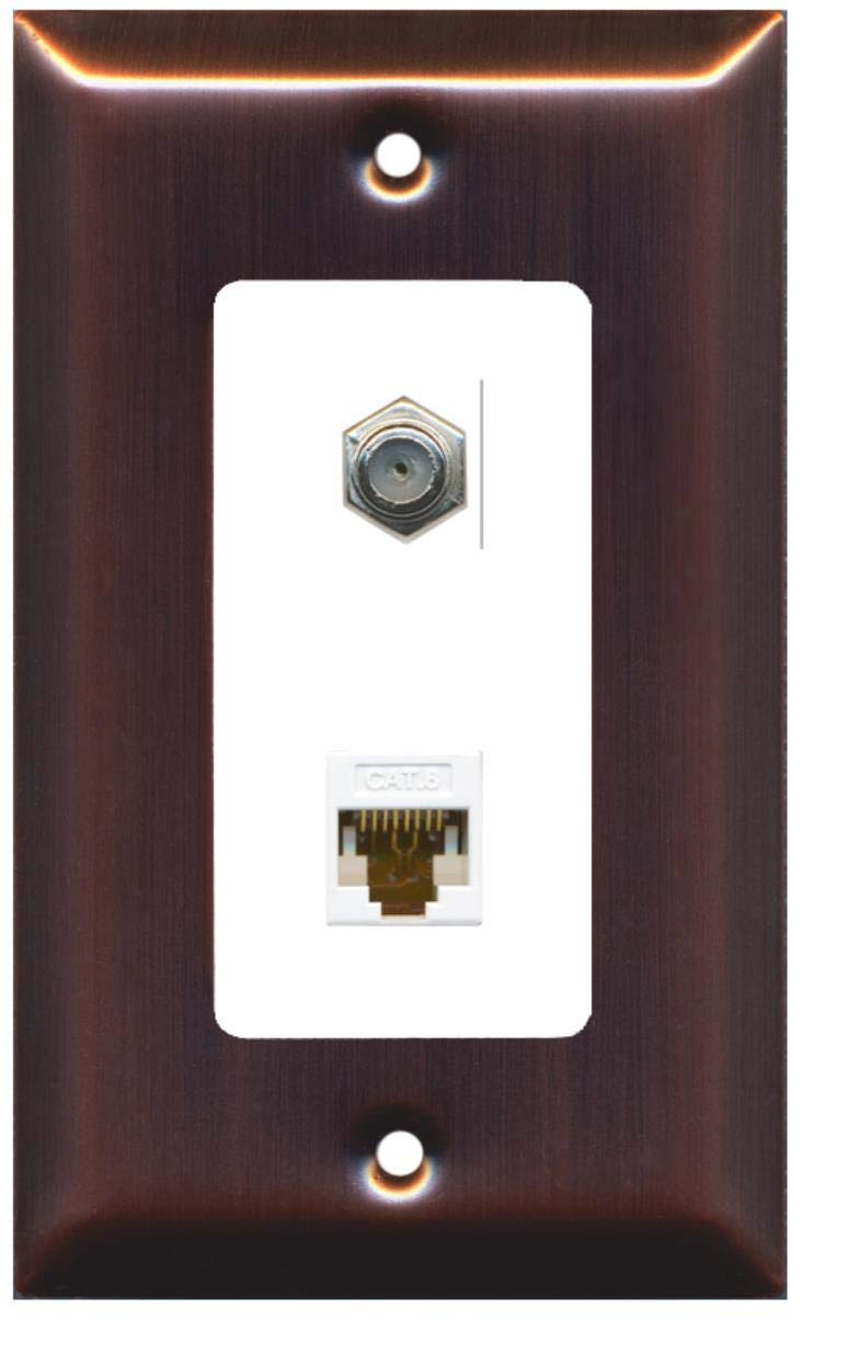 RiteAV - 1 Coax Cable TV F and 1 Cat6 Ethernet Wall Plate Decorative - Copper/White