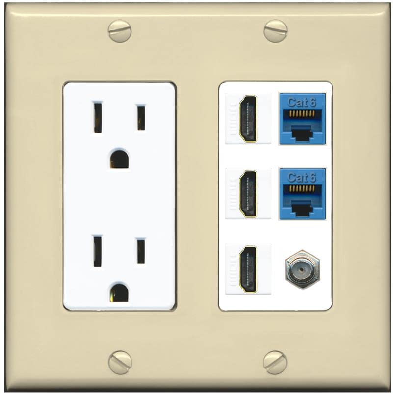 RiteAV 3 HDMI Wall Plate 2 Cat6 1 Coax - Outlet [Ivory/White]