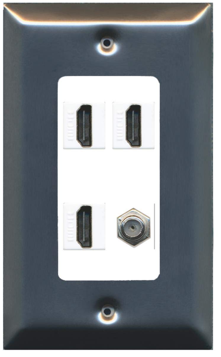 RiteAV - 3 x HDMI and 1 x Coax Cable TV F Type Port Wall Plate Decorative - Brushed Nickel/White