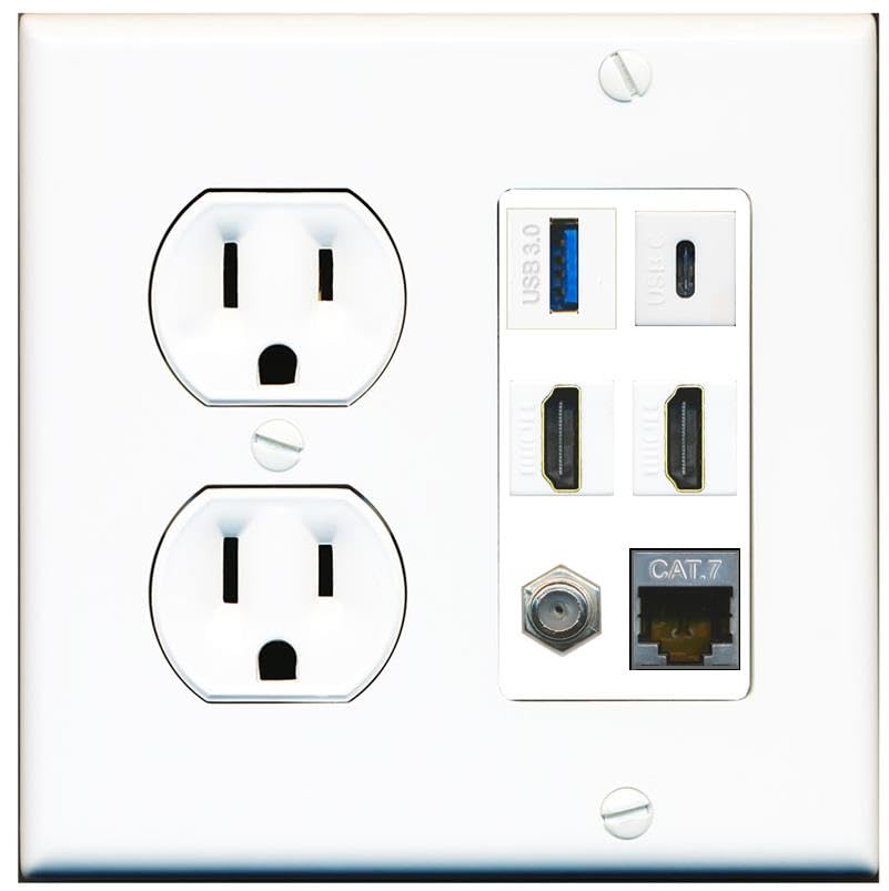 RiteAV USB 3 USB C 2 HDMI Coax Cat7 Wall Plate - Round Outlet [White/White]