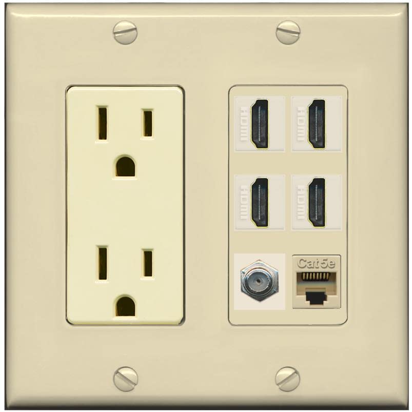 RiteAV 4 Port HDMI 1 Coax Cable TV- F-Type 1 Cat5E Ethernet Wall Plate - Outlet [Ivory/Ivory]